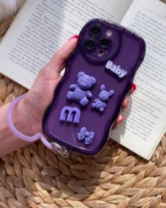 قاب موبایل آیفون بچه خرس اسمایل بنفش برجسته حلقه دار