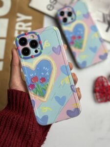 قاب موبایل آیفون نقاشی کودک درون قلبی آبی بنفش محافظ لنزدار ( 3005 )