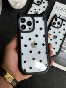 قاب موبایل آیفون گربه خال مشکی گوش دار پشت بیرنگ