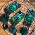 قاب موبایل آیفون ماربل پام پام یشمی نگین دار + پام پام + پاپ سوکت