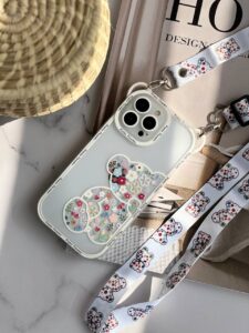 قاب موبایل آیفون خرس بهاری گوش دار پشت بیرنگ + بند آویز بلند