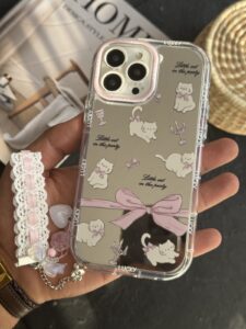 قاب موبایل ( آیفون - سامسونگ ) گربه پاپیون بزرگ آیینه ای صورتی + بندست