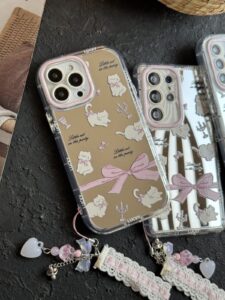 قاب موبایل ( آیفون - سامسونگ ) گربه پاپیون بزرگ آیینه ای صورتی + بندست - تصویر 2