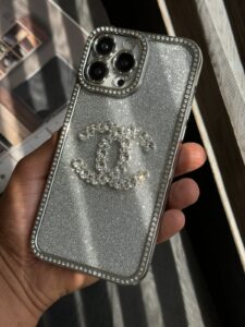 قاب موبایل آیفون شنل نگین دار برجسته براق نقره ای