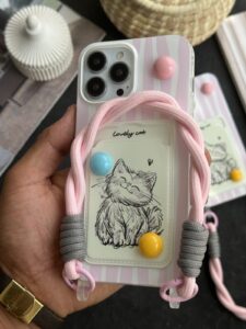 قاب موبایل آیفون گربه نقاشی لاولی جاکارتی بندست - تصویر 2