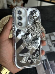قاب موبایل ( آیفون - سامسونگ ) پروانه و قلب آیینه ای آویز دار - تصویر 2