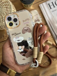 قاب موبایل آیفون سگ پاپی شکلاتی آیینه ای بند کوتاه - تصویر 2