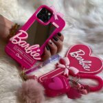 قاب موبایل آیفون باربی نوستالژی آیینه ای صورتی + آویز ست