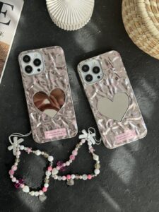 قاب موبایل آیفون گل ریز قلب آیینه ای موج دار رزگلد ( بدون بند ) - تصویر 2