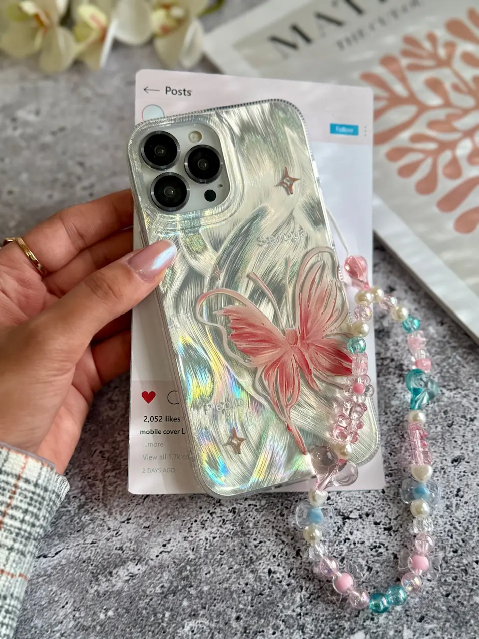 d2e3ab قاب پروانه رز فلای با آویز آیفون (کدC2147) - تصویر 1